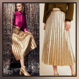 Anthropologie MAEVE Natalia Women's 6 Gold Sequin Midi Pleated Skirt Cocktail